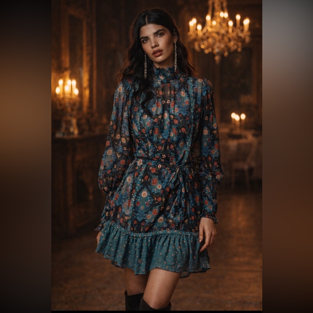 🎊RARE 🎊Anthropologie NWT Farm Rio Arabesque Floral  High-Neck Mini Dress L.